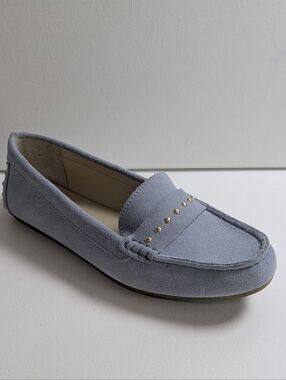 Calvin Klein Lissa Light Blue Suede Loafers with Gold Metal Studs Size 7.5 EUC